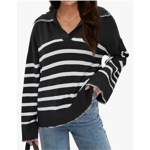 NEW Black V Neck Striped Oversized Collared Chunky Knit Pullover Sweater XL - Picture 4 of 5